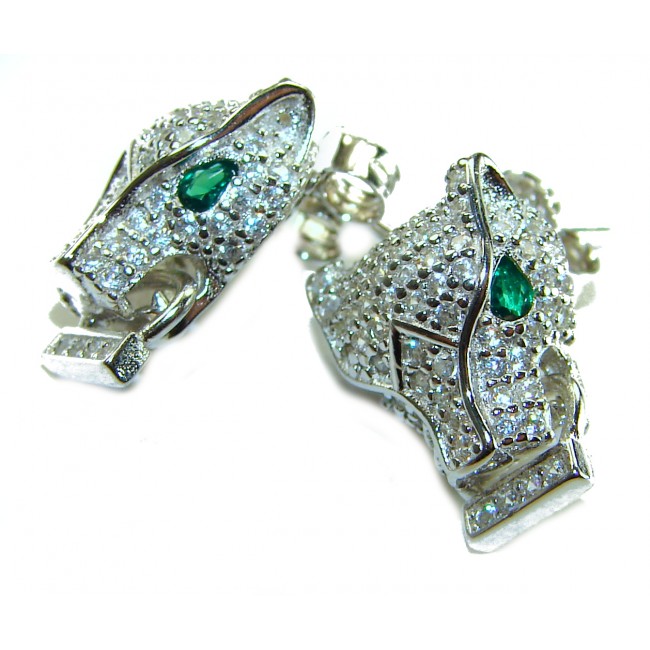 Precious Cheetah 0.4 carat Emerald White Sapphire .925 Sterling Silver earrings - Cheetah earrings with emerald eyes, front angle, intricate gem detail.