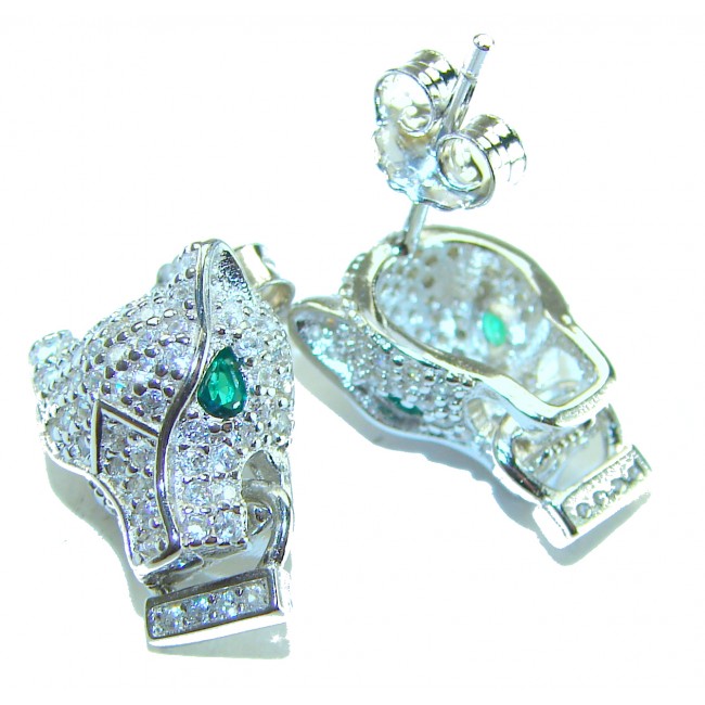 Precious Cheetah 0.4 carat Emerald White Sapphire .925 Sterling Silver earrings - Cheetah earrings with emerald eyes and sapphires, side and clasp detail.