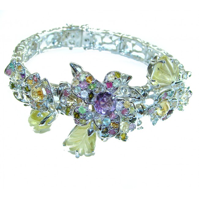 Bernadette Italy made Luxurious carved Lemon Quartz Tourmaline .925 Sterling Silver handcrafted Bracelet