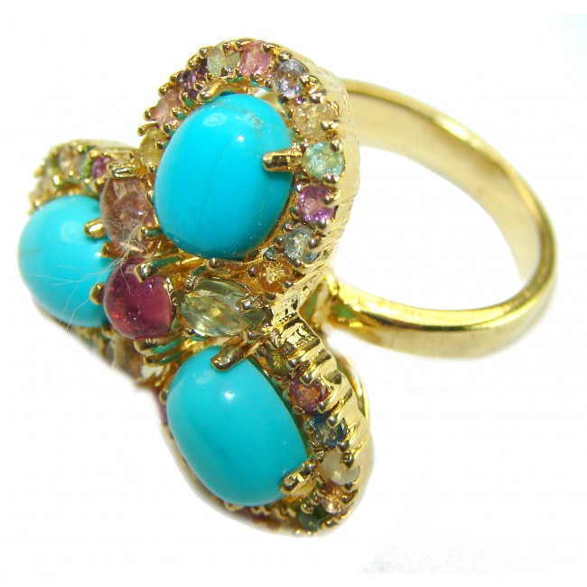 Rare 26.5 carat Sleeping Beauty Turquoise 18K Gold over .925 Sterling Silver handcrafted Large ring; s. 7 1/4