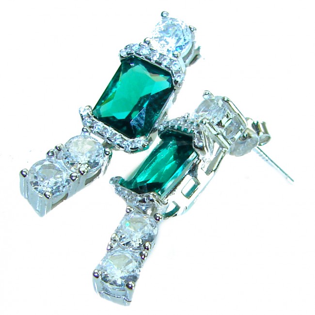 Green Royalty 7.2 carat Emerald .925 Sterling Silver .925 Sterling Silver Statement earrings - Emerald earrings close-up showing stones and settings.