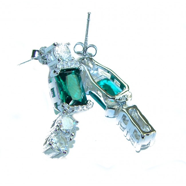 Green Royalty 7.2 carat Emerald .925 Sterling Silver .925 Sterling Silver Statement earrings - Close-up of Green Royalty 7.2 carat emerald earrings in sterling silver.