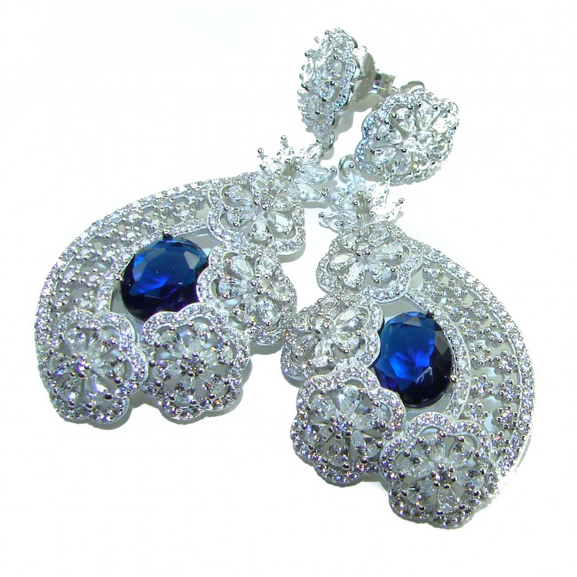 Special design! Opera - Precious - 11.8 carat Sapphire .925 Sterling Silver handcrafted Statement earrings - Close-up of opera-style earrings with 11.8 carat sapphire and floral design.