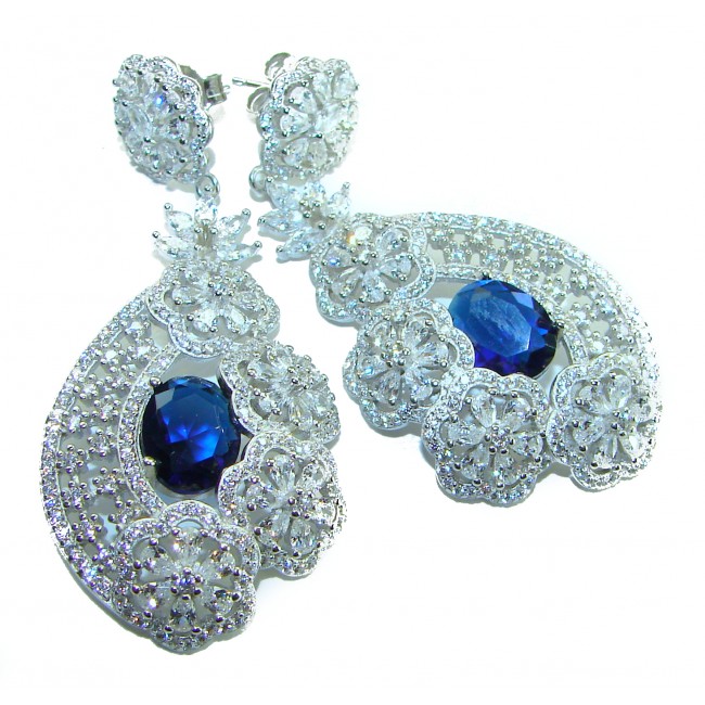 Special design! Opera - Precious - 11.8 carat Sapphire .925 Sterling Silver handcrafted Statement earrings - Elegant sapphire earrings with intricate floral detailing, angled view.