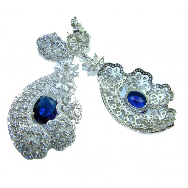 Special design! Opera - Precious - 11.8 carat Sapphire .925 Sterling Silver handcrafted Statement earrings - Ornate sapphire earrings close-up with intricate floral design