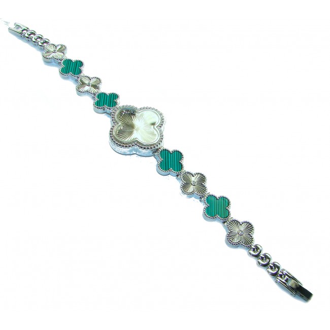 Precious Lucky Four Leaf Clover Authentic Malachite .925 Sterling Silver handmade Bracelet Watch