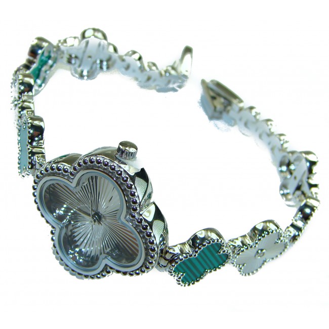Precious Lucky Four Leaf Clover Authentic Malachite .925 Sterling Silver handmade Bracelet Watch