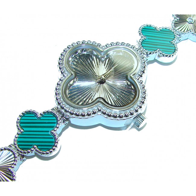 Precious Lucky Four Leaf Clover Authentic Malachite .925 Sterling Silver handmade Bracelet Watch