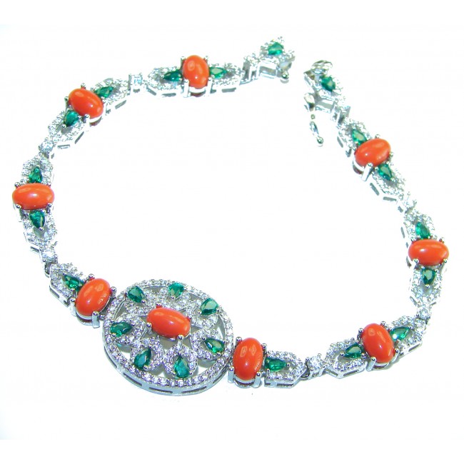 Serenity - 72.5 carat genuine Coral Emerald .925 Sterling Silver handmade Statement Bracelet