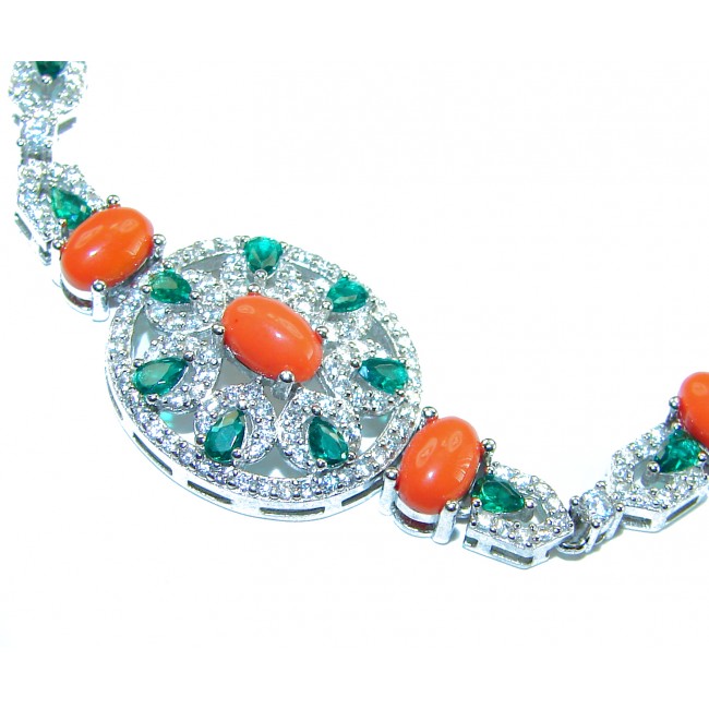 Serenity - 72.5 carat genuine Coral Emerald .925 Sterling Silver handmade Statement Bracelet