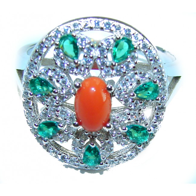 Serenity - 10.5 carat genuine Coral Emerald .925 Sterling Silver handmade ring s. 7 1/2
