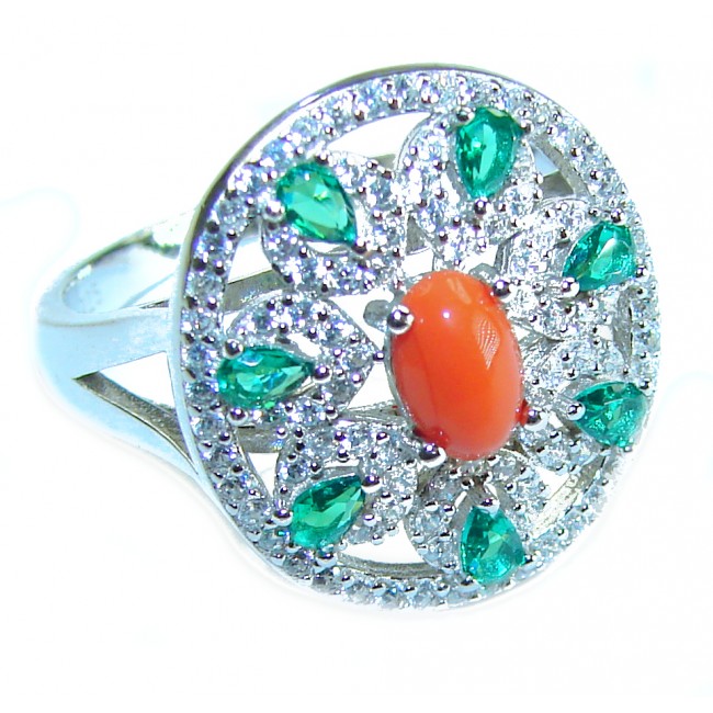 Serenity - 10.5 carat genuine Coral Emerald .925 Sterling Silver handmade ring s. 7 1/2