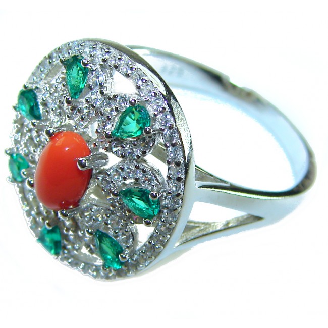 Serenity - 10.5 carat genuine Coral Emerald .925 Sterling Silver handmade ring s. 7 1/2