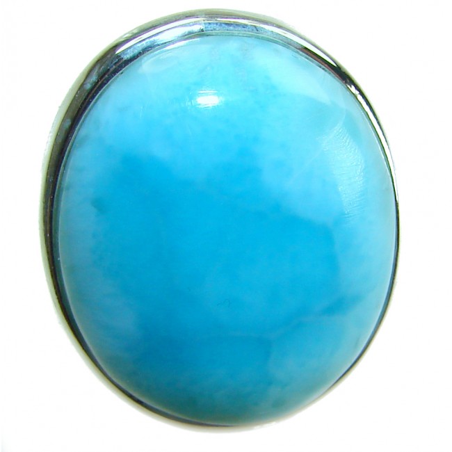 Caribbean Beauty 29.5 carat Genuine perfectly Blue Larimar .925 Sterling Silver handmade LARGE ring size 8 adjustable - Close-up of 29.5 carat blue Larimar stone in silver setting.