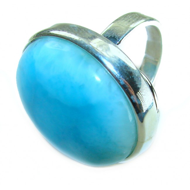 Caribbean Beauty 29.5 carat Genuine perfectly Blue Larimar .925 Sterling Silver handmade LARGE ring size 8 adjustable - Close-up of blue Larimar ring with silver band
