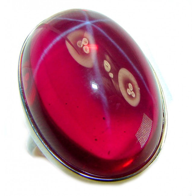 Bellezza Genuine 36.5 CARAT Star Ruby .925 Sterling Silver Large Statement Ring size 8 - Close-up of Bellezza Star Ruby in sterling silver setting