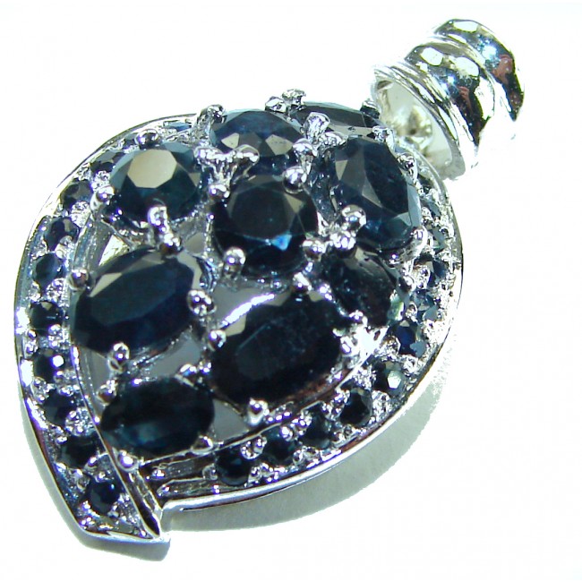 Fancy Blue Authentic 8.5 carat Sapphire .925 Sterling Silver handmade pendant - Close-up of fancy blue sapphire pendant, 8.5 carat, sterling silver.