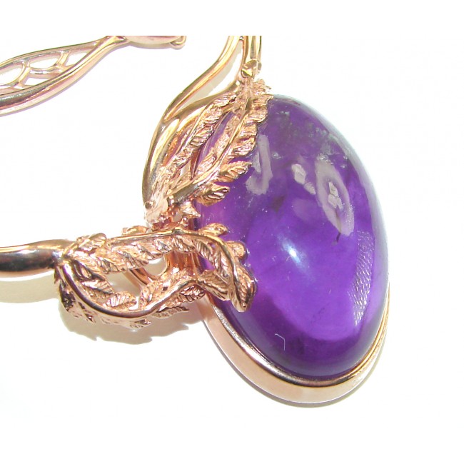 Purple Rose authentic 39.8 carat authentic Amethyst 14K ROSE Gold over .925 Sterling Silver handcrafted Station necklace - Close-up of 39.8 carat amethyst pendant with 14K rose gold leaf design.