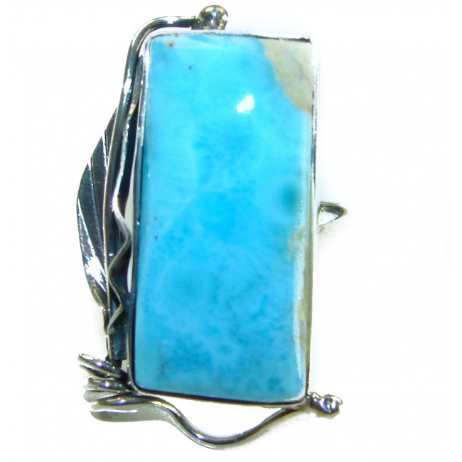 Caribbean Beauty 42.5 carat Genuine Blue Larimar .925 Sterling Silver handmade LARGE ring size 7 adjustable - Close-up of Caribbean Beauty Larimar pendant with silver detailing