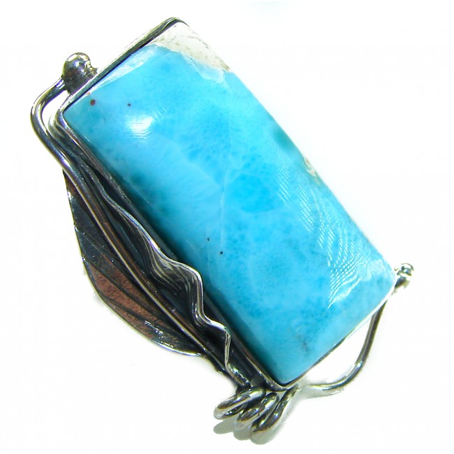 Caribbean Beauty 42.5 carat Genuine Blue Larimar .925 Sterling Silver handmade LARGE ring size 7 adjustable - Side view of blue Larimar stone set in sterling silver.