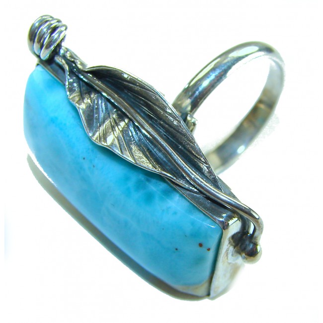 Caribbean Beauty 42.5 carat Genuine Blue Larimar .925 Sterling Silver handmade LARGE ring size 7 adjustable - Side view of blue Larimar ring with leaf design in sterling silver.