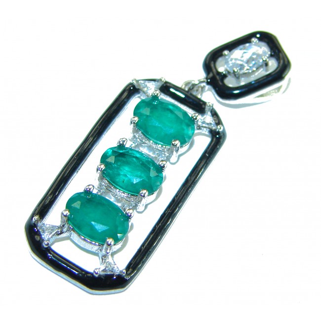 Art Deco Emerald black enamel .925 Sterling Silver handmade Pendant - Art Deco emerald pendant, front view, sterling silver with black enamel.