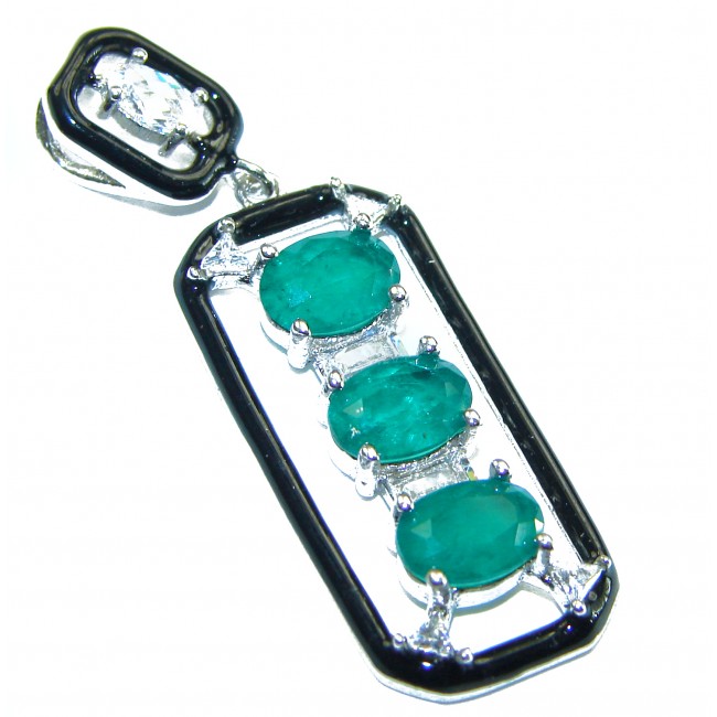 Art Deco Emerald black enamel .925 Sterling Silver handmade Pendant - Art Deco emerald pendant, black enamel, angled close-up view.
