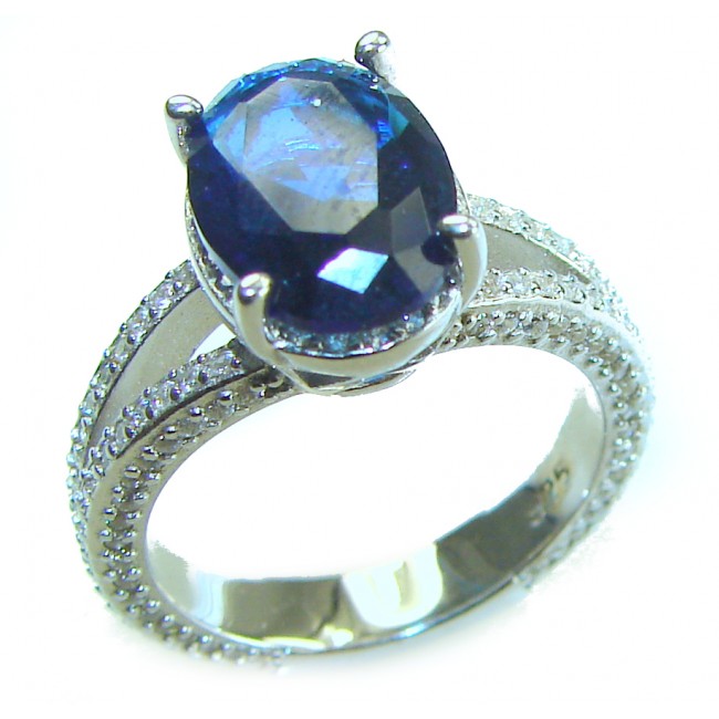 Luxurious 7.8 carat Sapphire .925 Sterling Silver handcrafted Ring size 6 - Side view of luxurious 7.8 carat sapphire sterling silver ring.