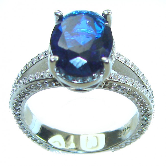 Luxurious 7.8 carat Sapphire .925 Sterling Silver handcrafted Ring size 6 - Side view of luxurious 7.8 carat sapphire on .925 sterling silver ring.