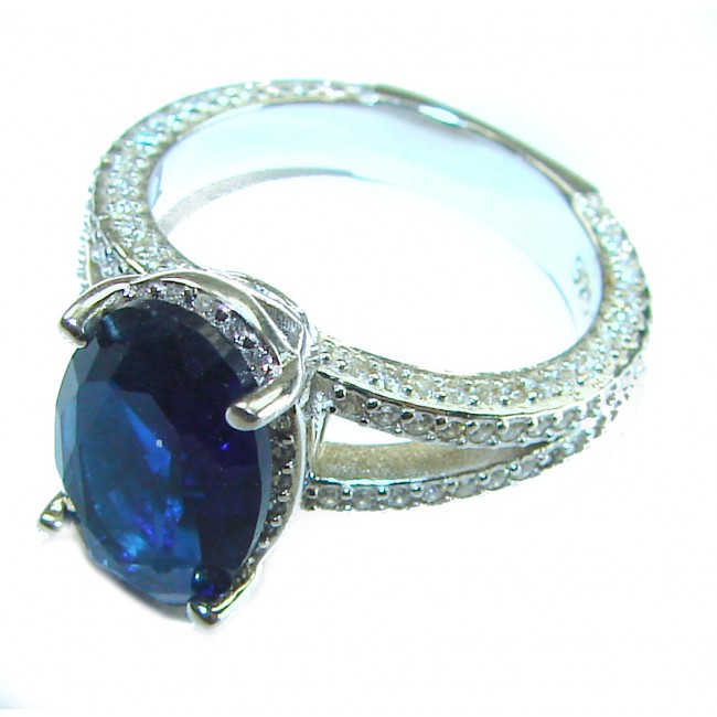 Luxurious 7.8 carat Sapphire .925 Sterling Silver handcrafted Ring size 6 - Side view of luxurious sapphire ring in sterling silver setting