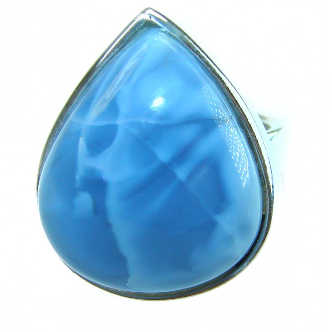 Rare and Spectacular 22.9 carat authentic Andean (Peruvian) Blue Opal .925 Sterling Silver Handcrafted Ring size 7 - Close-up of blue Andean stone ring in teardrop shape.