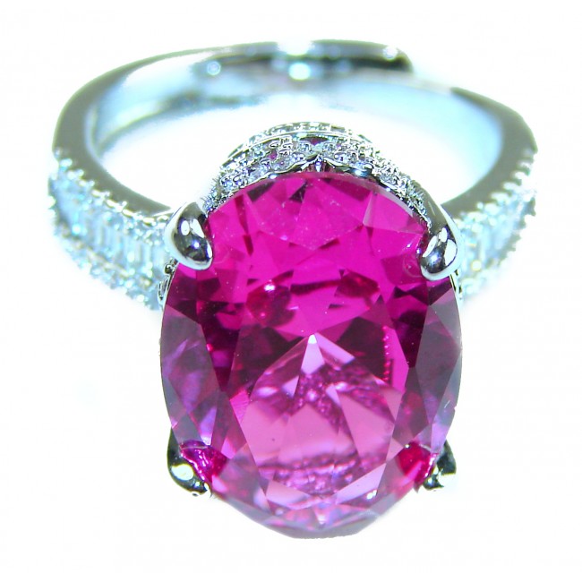 Blooming Beauty 8.8 carat baquette cut Pink Sapphire .925 Silver handcrafted Cocktail Ring s. 7 - Close-up of 8.8 carat pink sapphire ring with diamond details.
