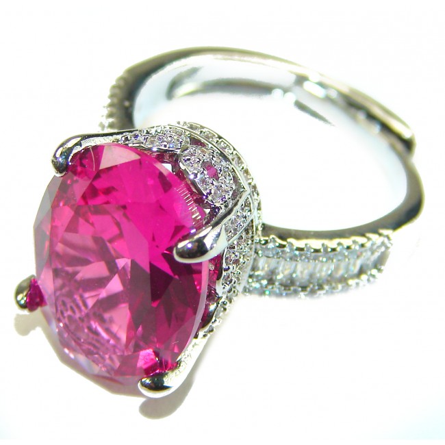 Blooming Beauty 8.8 carat baquette cut Pink Sapphire .925 Silver handcrafted Cocktail Ring s. 7 - Close-up of Blooming Beauty 8.8ct pink sapphire ring with diamond accents.