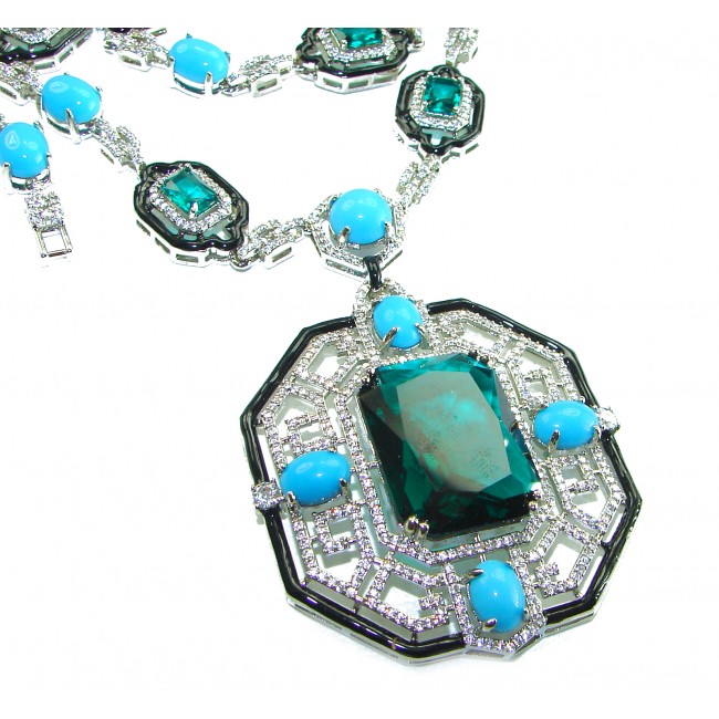 Art Deco - Pacifica - 168.4 carat Turquoise Aquamarine .925 Sterling Silver handmade Statement necklace; 24 inches long