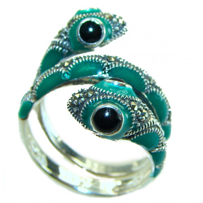 A two-headed snake inlay Malachite enamel 1.8 carat .925 Sterling Silver handcrafted Ring s. 7