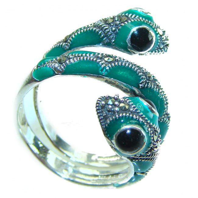 A two-headed snake inlay Malachite enamel 1.8 carat .925 Sterling Silver handcrafted Ring s. 7
