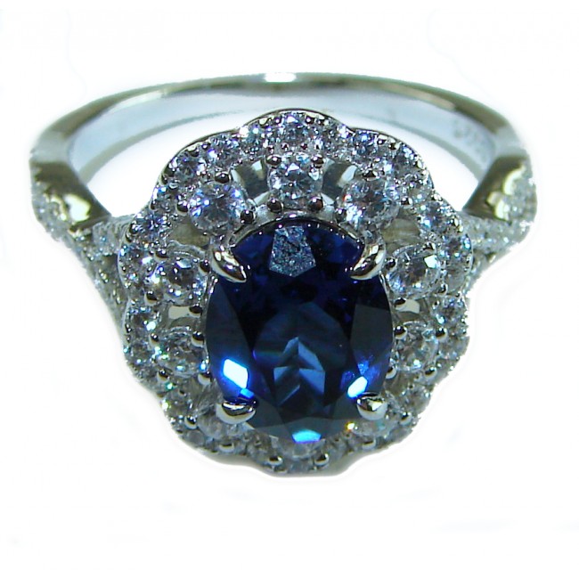 Luxurious 4.8 carat Sapphire .925 Sterling Silver handcrafted Ring size 8 - Close-up of luxurious sapphire ring with diamond halo detail