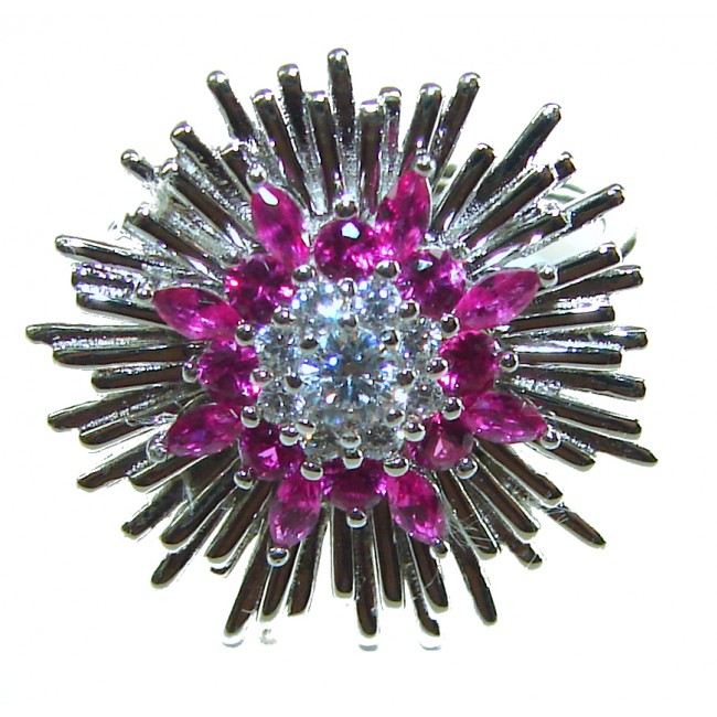 Royal red Star Genuine 6.5 CARAT Ruby .925 Sterling Silver Statement Ring size 6 1/4 - Ruby and silver brooch, front view, starburst design close-up.