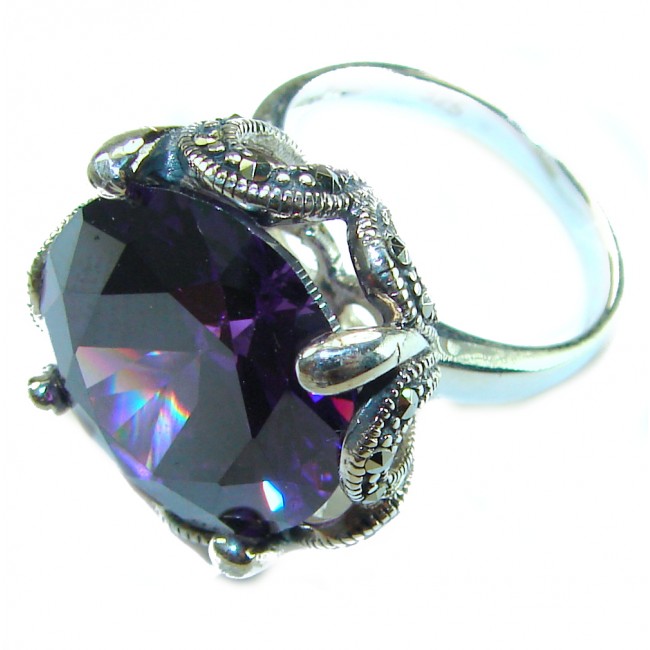 Magic Odyssey 29.5 carat authentic Amethyst .925 Silver handcrafted Statement Ring s. 7 1/2 - Close-up of Magic Odyssey Amethyst ring in ornate silver setting.