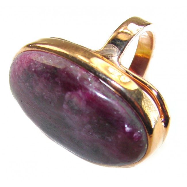 Authentic Ruby in Zoisite 18k Rose Gold over .925 Sterling Silver handmade Cocktail Ring s. 8 adjustable - Ruby in Zoisite ring, 18k rose gold, angled side view close-up.