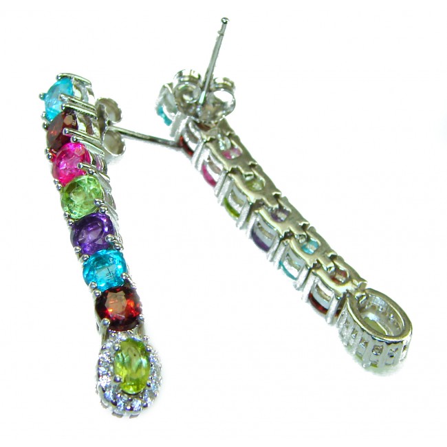Fiesta Authentic 9.5 carat Multigem .925 Sterling Silver brilliantly handcrafted earrings - Colorful multigem earrings, side view, sterling silver settings.