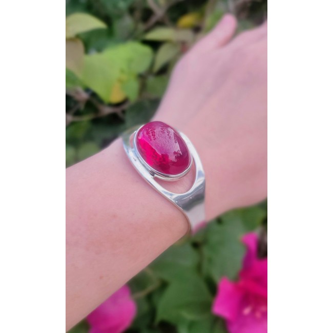 Very Rare - Bellezza Genuine 44.5 CARAT Star Ruby .925 Sterling Silver HUGE Bracelet / Cuff - Close-up of a star ruby bracelet worn on the wrist.