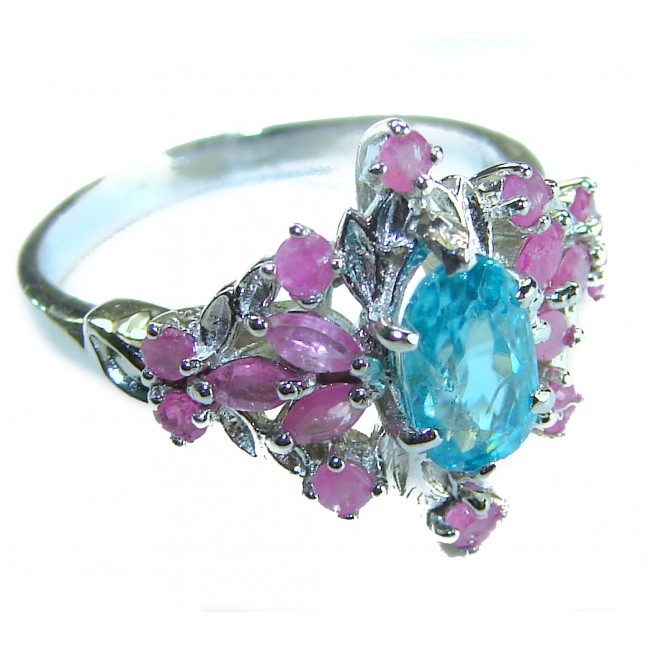 Luxurious 4.5 carat Aquamarine Ruby .925 Sterling Silver handcrafted ring; s. 8