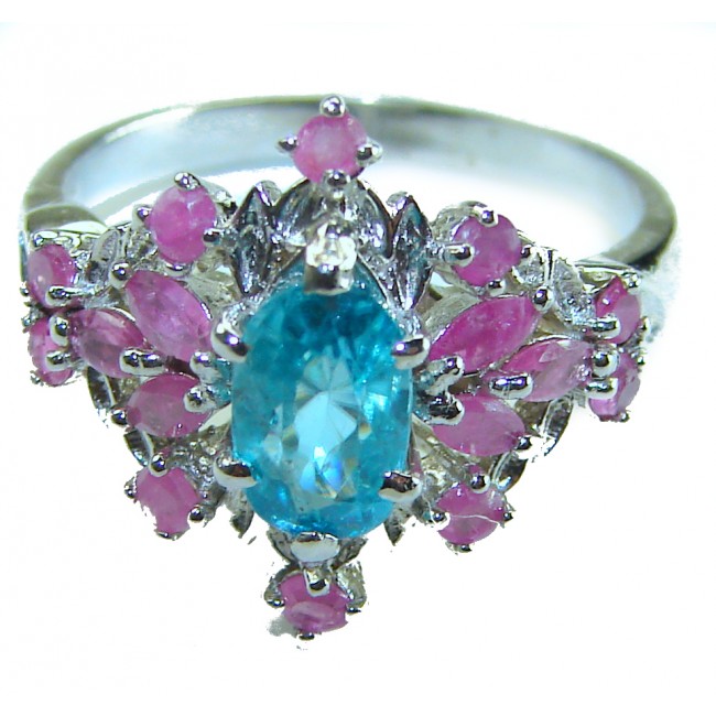 Luxurious 4.5 carat Aquamarine Ruby .925 Sterling Silver handcrafted ring; s. 8