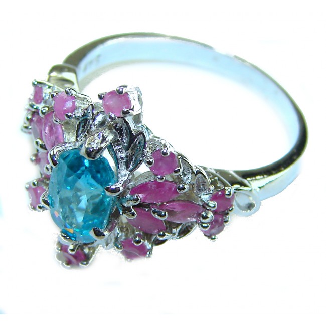 Luxurious 4.5 carat Aquamarine Ruby .925 Sterling Silver handcrafted ring; s. 8