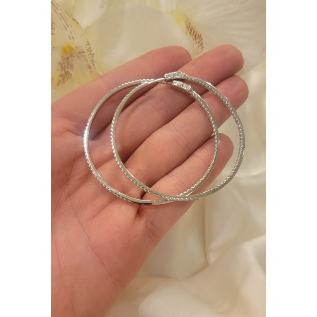 INSIDE - OUT Huge 2 inches long White Sapphire .925 Sterling Silver handmade Hoop Earrings