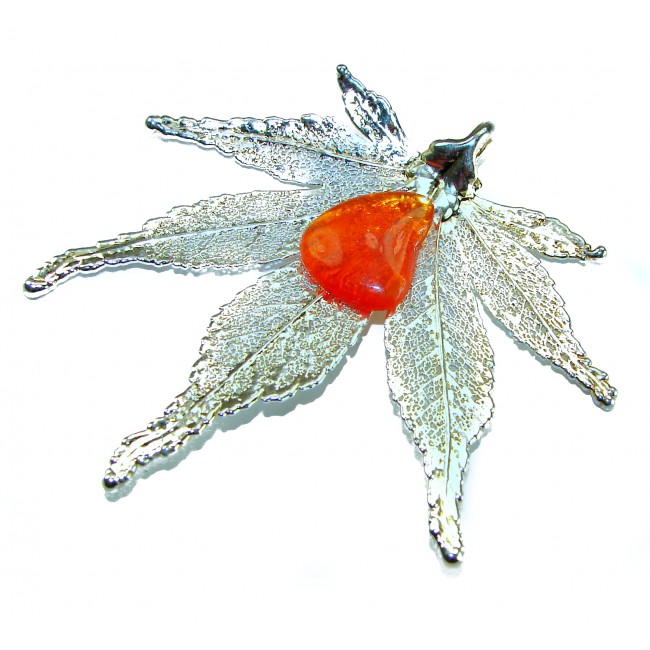 Rain Drop REAL Leaf dipped in Sterling Silver 9.8 carat Golden Opal & .925 Sterling Silver Pendant