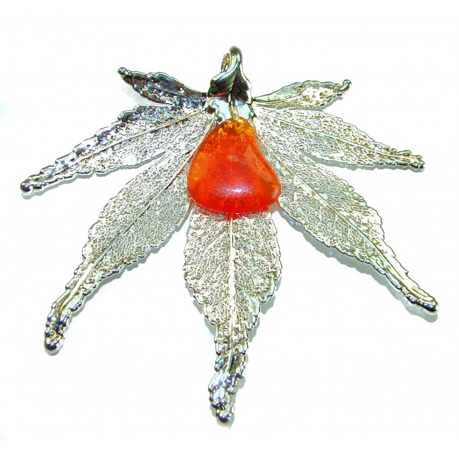 Rain Drop REAL Leaf dipped in Sterling Silver 9.8 carat Golden Opal & .925 Sterling Silver Pendant