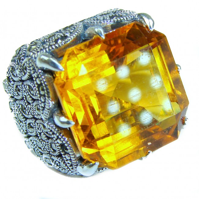 Beauty of the Nature cushion cut 29.5 carat Golden Topaz .925 Sterling Silver handcrafted ring; s. 6 3/4