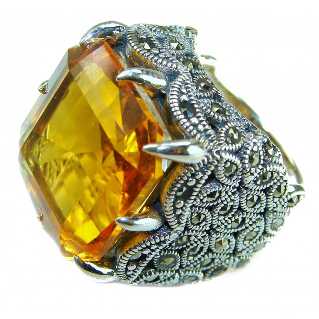 Beauty of the Nature cushion cut 29.5 carat Golden Topaz .925 Sterling Silver handcrafted ring; s. 6 3/4